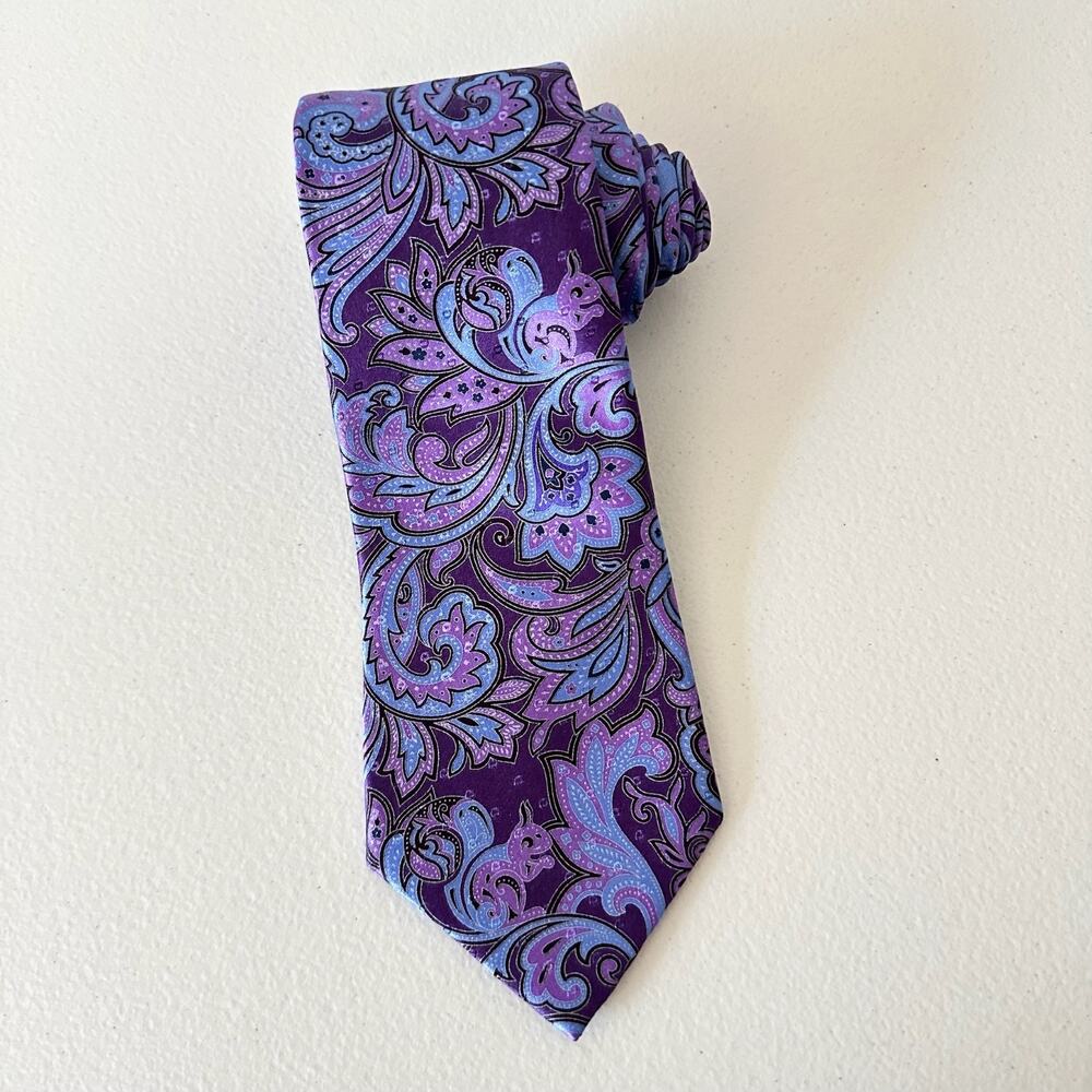 ERMENEGILDO ZEGNA Neck Tie Men Purple Blue Silk Paisley Squirrel Business Luxury